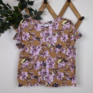 H&M Floral Bird Print Ruffle Sleeve T-Shirt Top - Size Medium